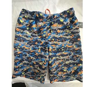 Columbia Boys Camo Swim Trunks Blue Orange Omni-Shade Mesh Lined Size M 10/12
